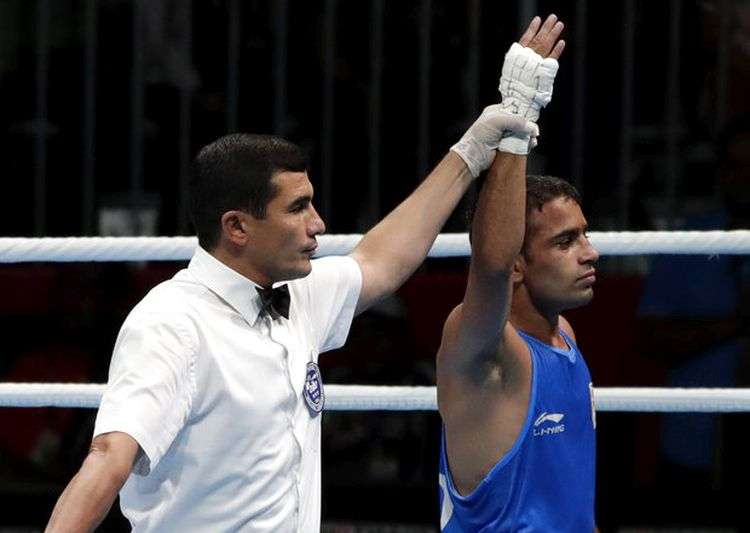 Amit&nbsp;Panghal&nbsp;celebrates after winning&nbsp;Boxing Men's Light Fly (49kg) final