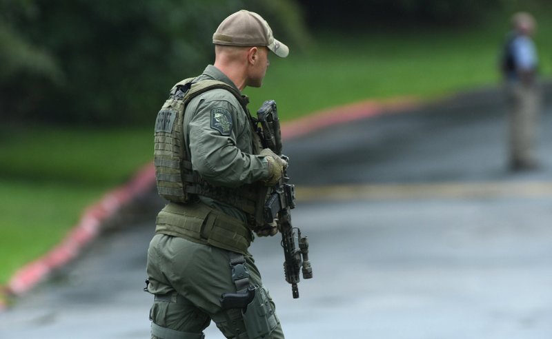 Authorities respond to a shooting in Harford County, Md., Thursday, Sept. 20, 2018. Authorities say multiple people have been shot in northeast Maryland in what the FBI is describing as an &ldquo;active shooter situation.&rdquo;