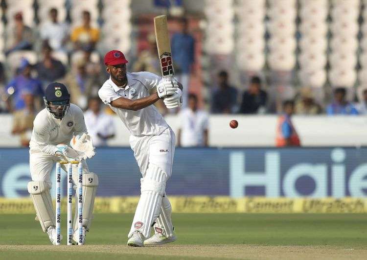 Roston Chase in action during the Hyderabad Test