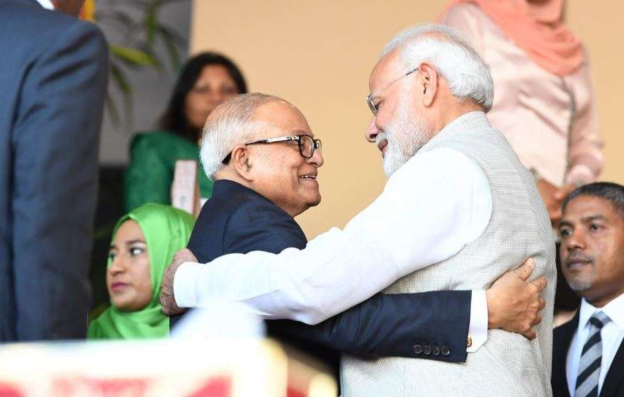 PM Modi greeted by dignitaries on his arrival at Male's National Stadium