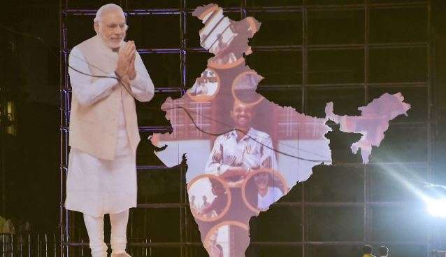 Varanasi: A cutout of Prime Minister Narendra Modi seen at Dashashwamedh Ghat on the eve of Prime Minister Narendra Modi's election rally for Lok Sabha polls, in Varanasi, Wednesday, April 24, 2019.&nbsp;