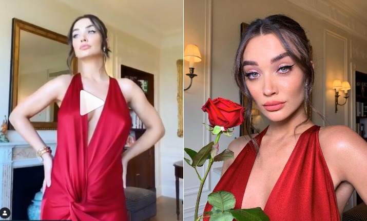 Mommy-to-be Amy Jackson flaunts baby bump in red silk gown with fiance ...