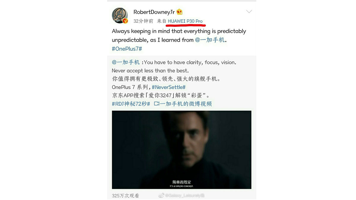 OnePlus ambassador Robert Downey Jr. spotted using Huawei P30 Pro