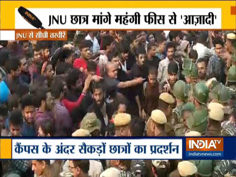 JNU students stage protest outside campus over fee hike, dress code ...