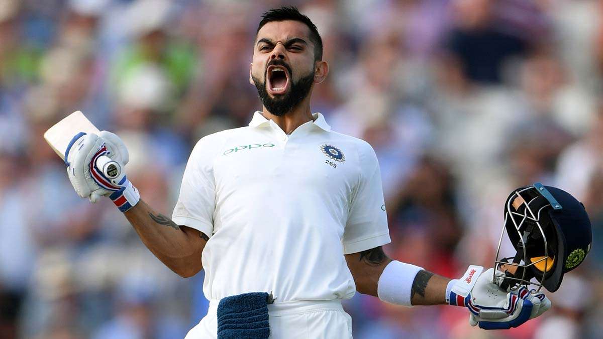 India batsman Virat Kohli celebrates his century during day two of the First Specsavers Test Match between England and India at Edgbaston on August 2, 2018 in Birmingham, England