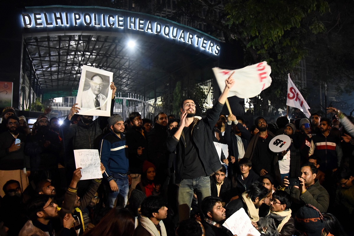 Watch: 'Delhi police, go back' slogans raised during flag march inside JNU campus after Sunday's violence