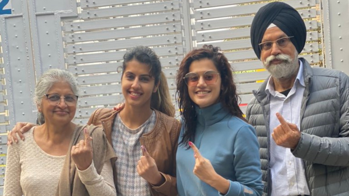 Taapsee Pannu posing with her family after casting her vote