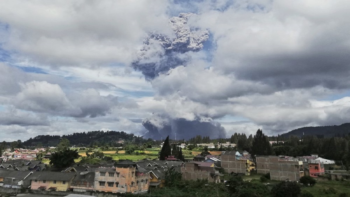 Mount Sinabung spews volcanic materials into the air as it erupts, in Karo, North Sumatra, Indonesia, Monday, Aug. 10, 2020.&nbsp;