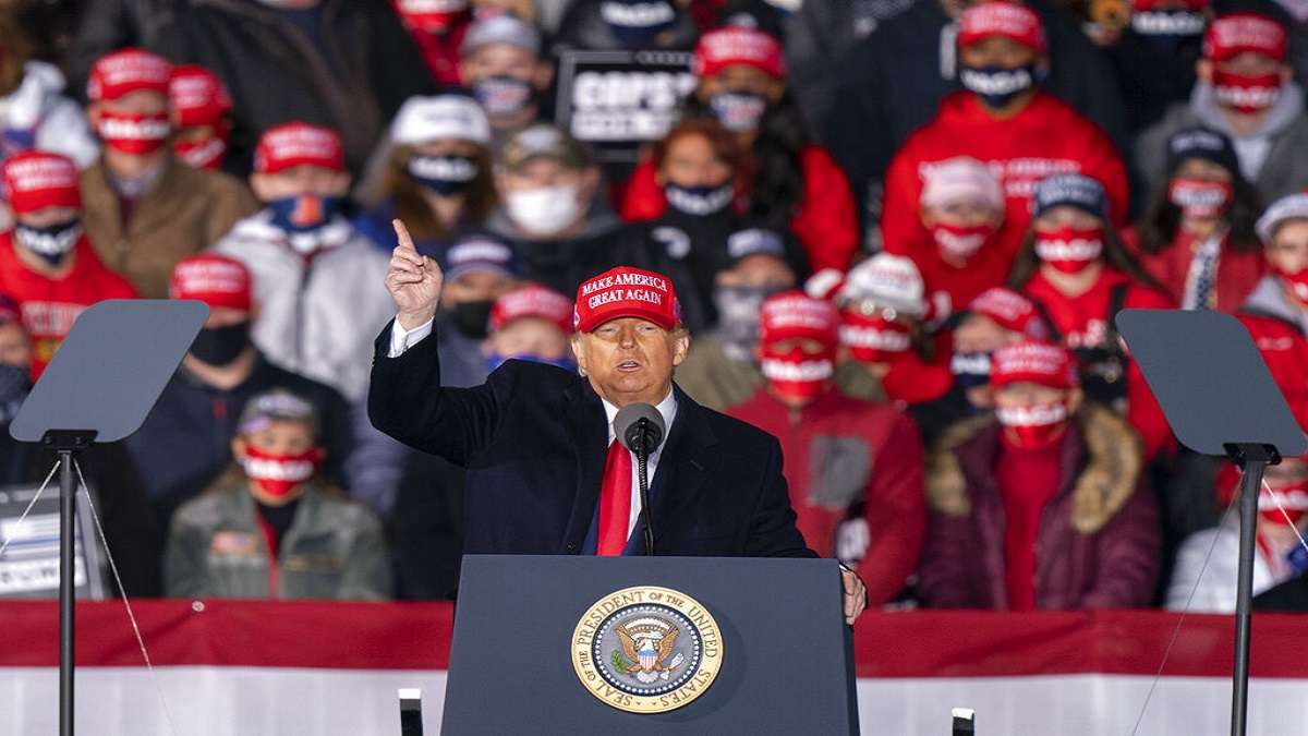 President Donald Trump speaks during a campaign rally at Southern Wisconsin Regional Airport in Janesville.