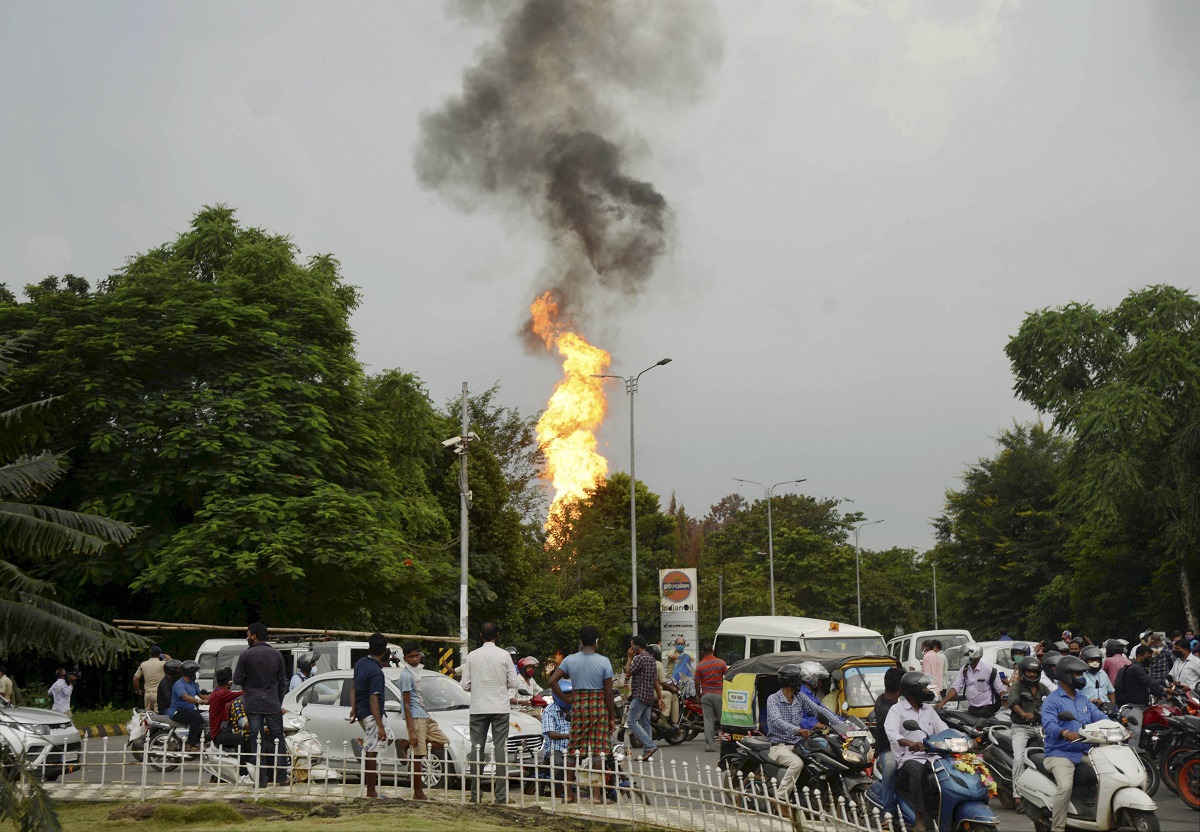 Bhubaneshwar: Flames rise from the Indian Oil Corporation petrol pump after a fire broke out following an explosion near Raj Bhawan, in Bhubaneshwar, Wednesday, Oct. 7, 2020.