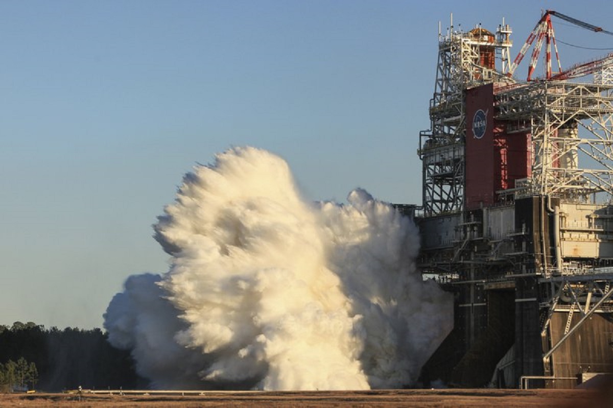 In this Saturday, Jan. 16, 2021 photo made available by NASA, the core stage for the first flight of NASA's Space Launch System rocket undergoes a hot fire test at NASA's&nbsp;Stennis&nbsp;Space Center