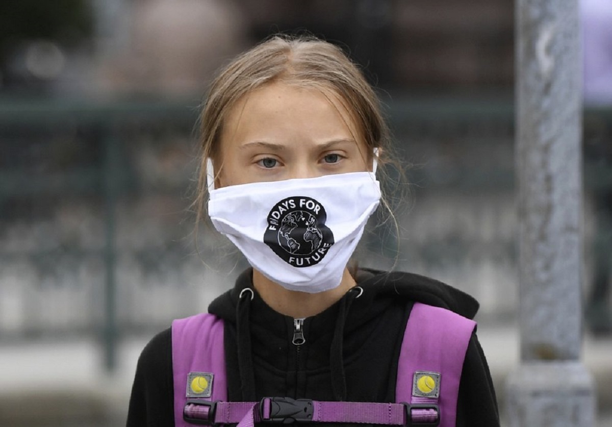 Swedish climate activist Greta Thunberg wears a face mask amid the coronavirus outbreak