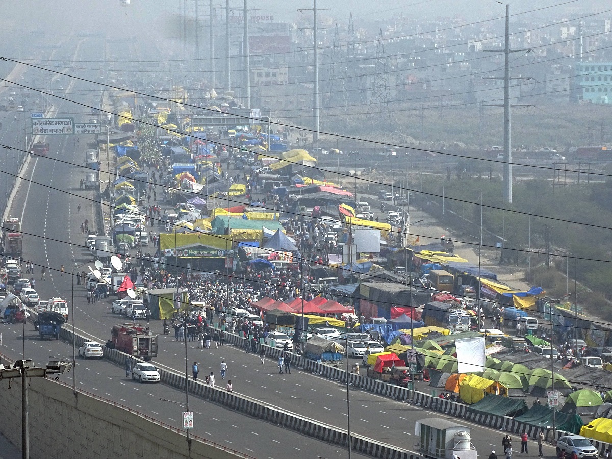 New Delhi: Tractor trolleys of farmers parked at Ghazipur border during their ongoing protest against the new farm laws, in New Delhi, Tuesday, Feb. 2, 2021.