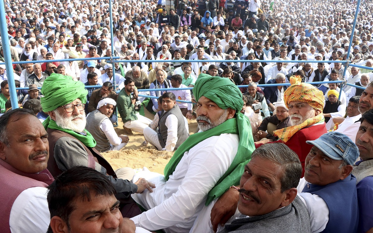 BKU spokesperson Rakesh Tikait, farmers and supporters attend a 'Mahapanchayat', organised by Bharatiya Kisan Union (BKU) in Bhiwani district