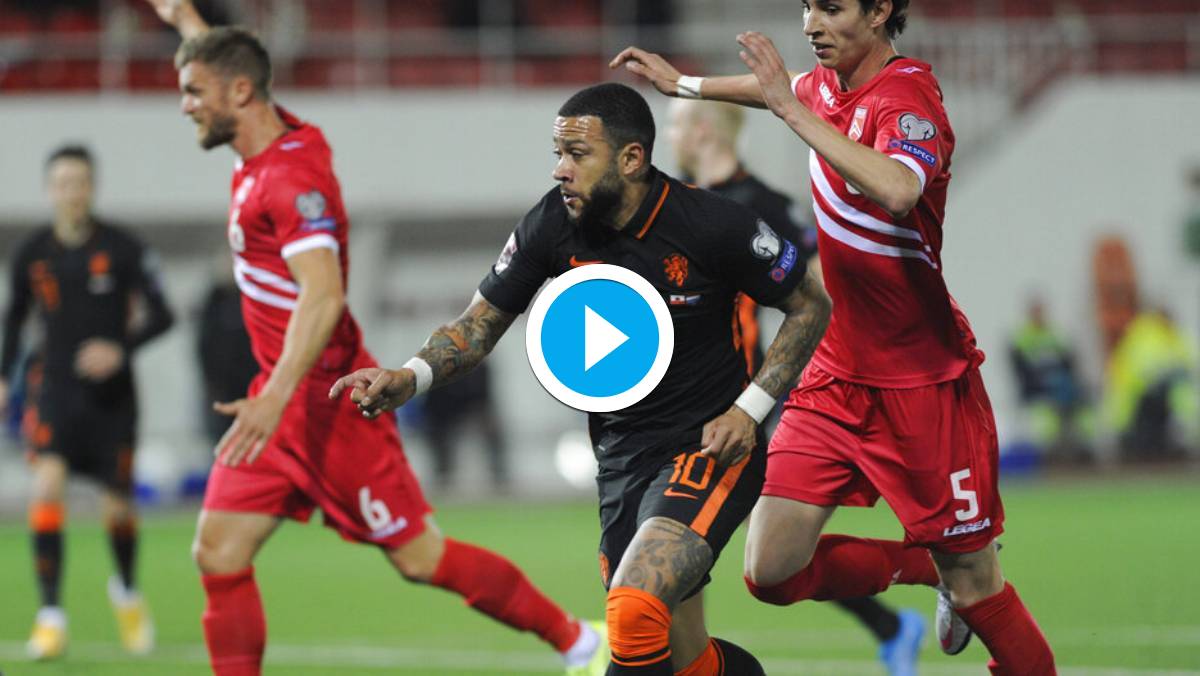 Netherland's Memphis Depay (centre) dribbles the ball against Gibraltar at the Victoria Stadium in Gibraltar on Tuesday night.