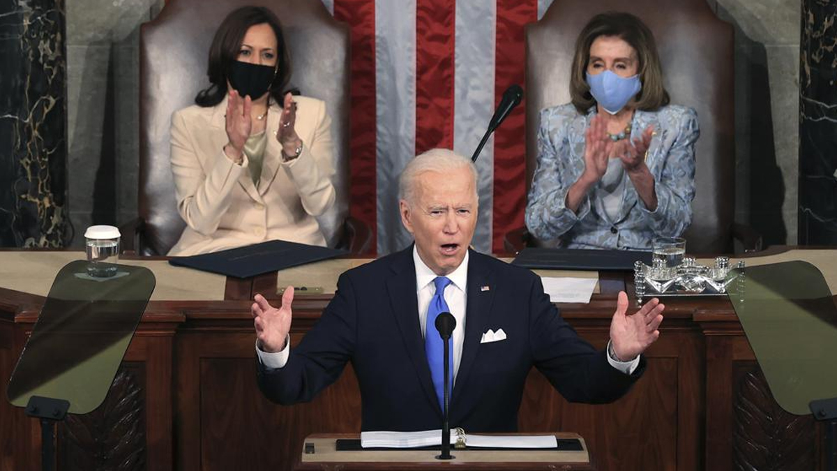 Joe Biden addresses a joint session of Congress in the House Chamber at the US Capitol in Washington.