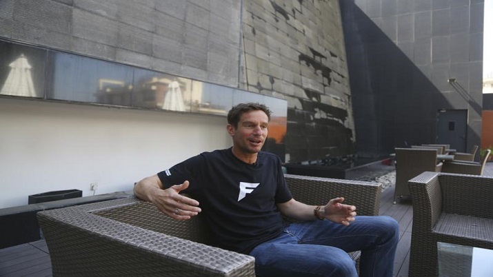 Lukas Furtenbach, an ace mountain guide speaks during an interview with Associated Press in Kathmandu, Nepal.