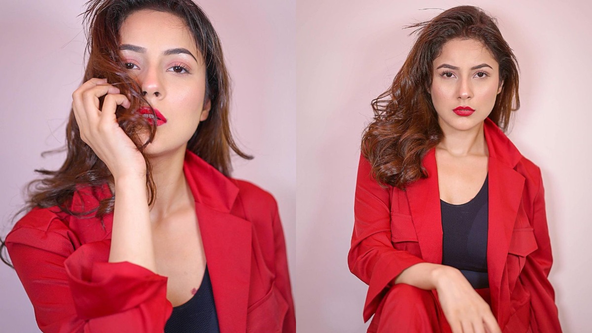 Shehnaaz Gill slays like a boss lady in red pantsuit, keeps her makeup game strong