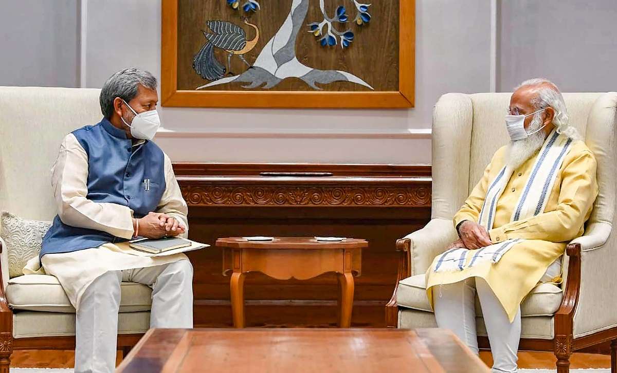 New Delhi: Uttarakhand Chief Minister Tirath Singh Rawat (L) meets Prime Minister Narendra Modi (R)