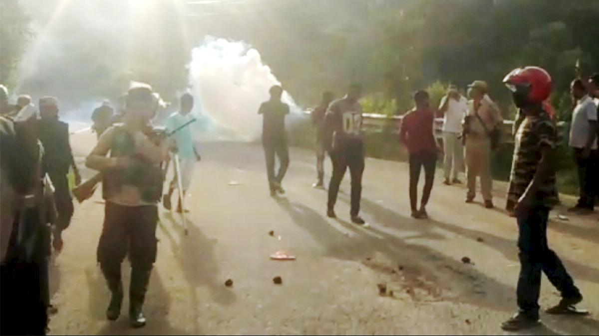Police personnel during a clash at Assam-Mizoram border at Lailapur in Cachar district on Monday (July 26)