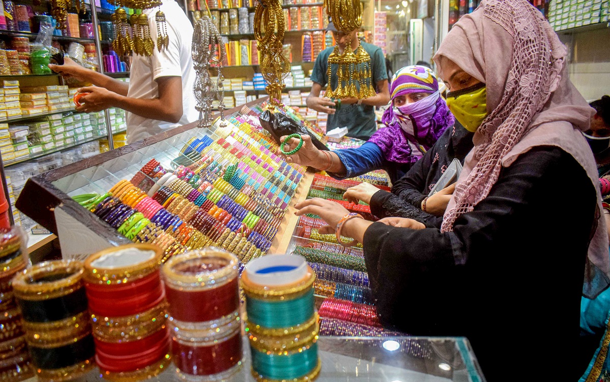 Prayagraj: Women shop at a market on the eve of Eid-ul-Zuha amidst covid-19 restrictions