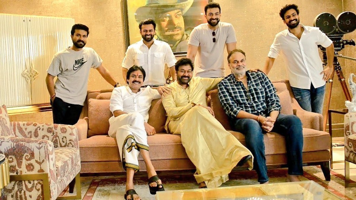 MASTERPIECE snap! Chiranjeevi poses with Pawan Kalyan, Ram Charan & others on 66th birthday; see more pics