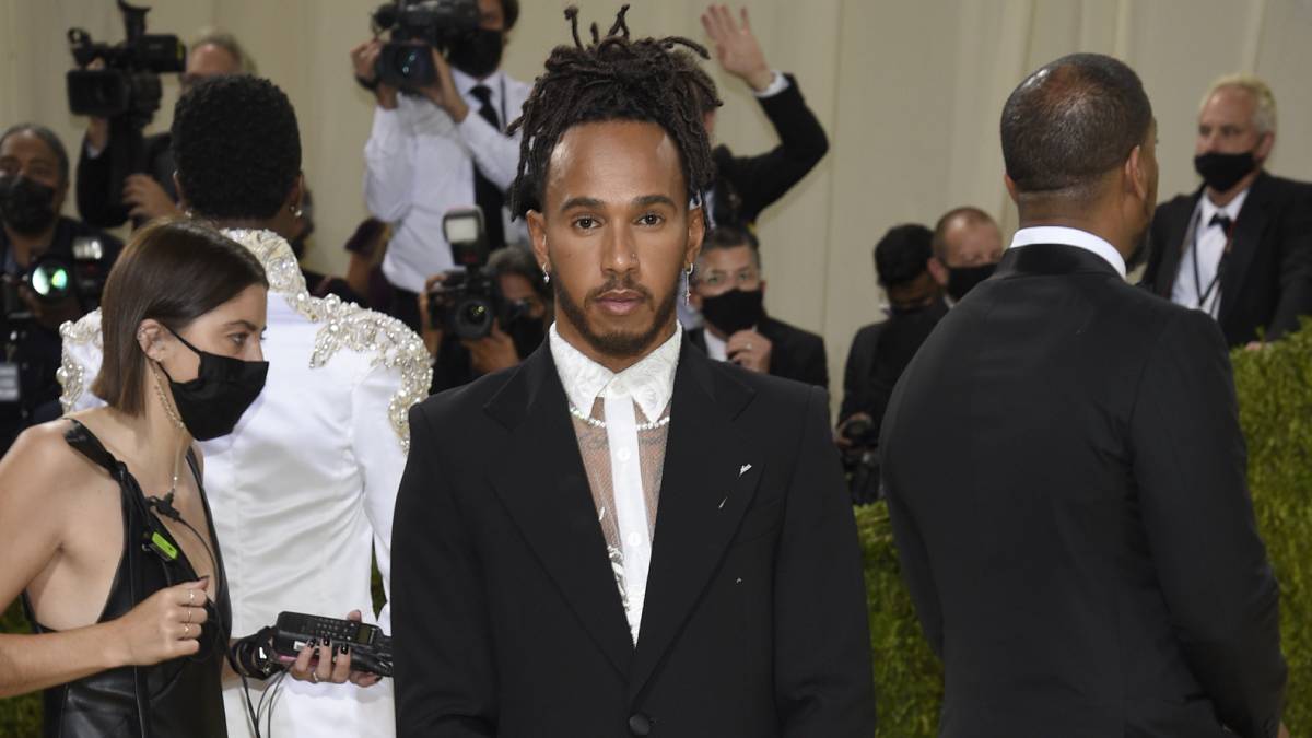 Lewis Hamilton poses for a photo at the 2021 Met Gala in New York on Monday.