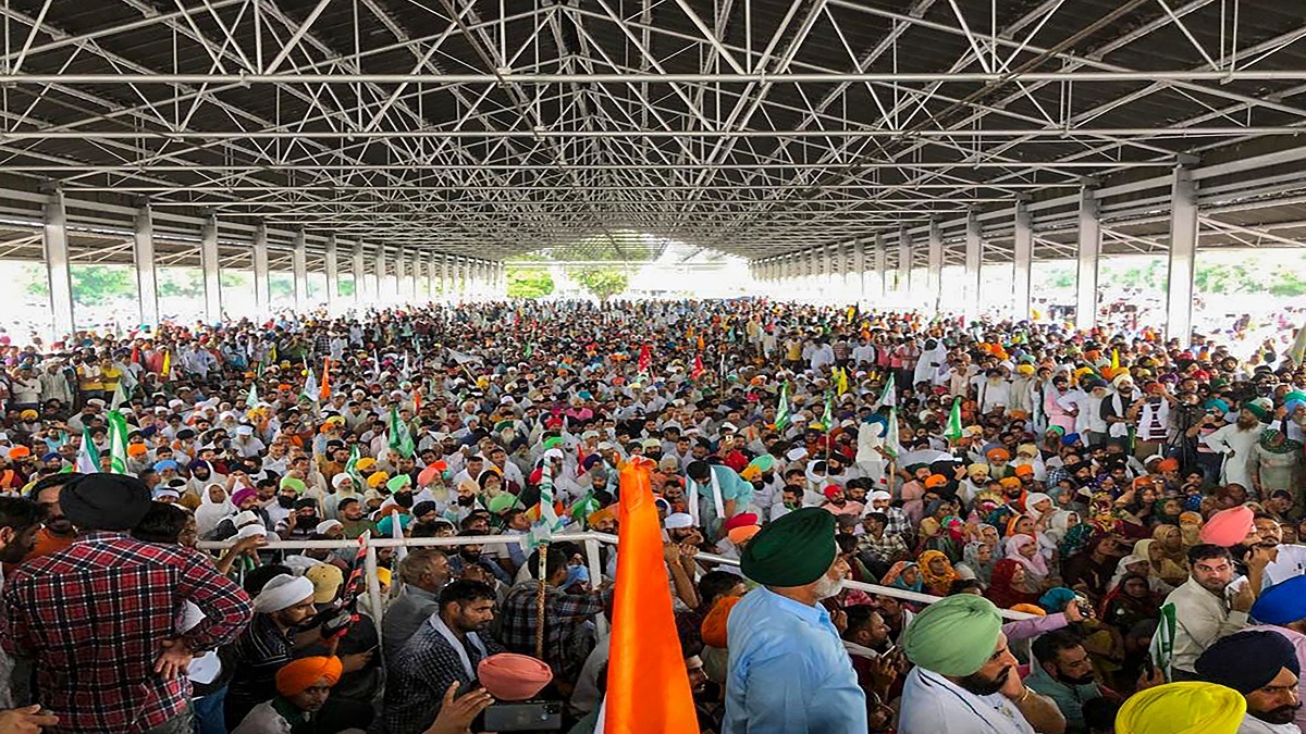 Around twenty thousand farmers gather to attend Kisan Mahapanchayat against Centres farm reform laws, in Karnal.&nbsp;