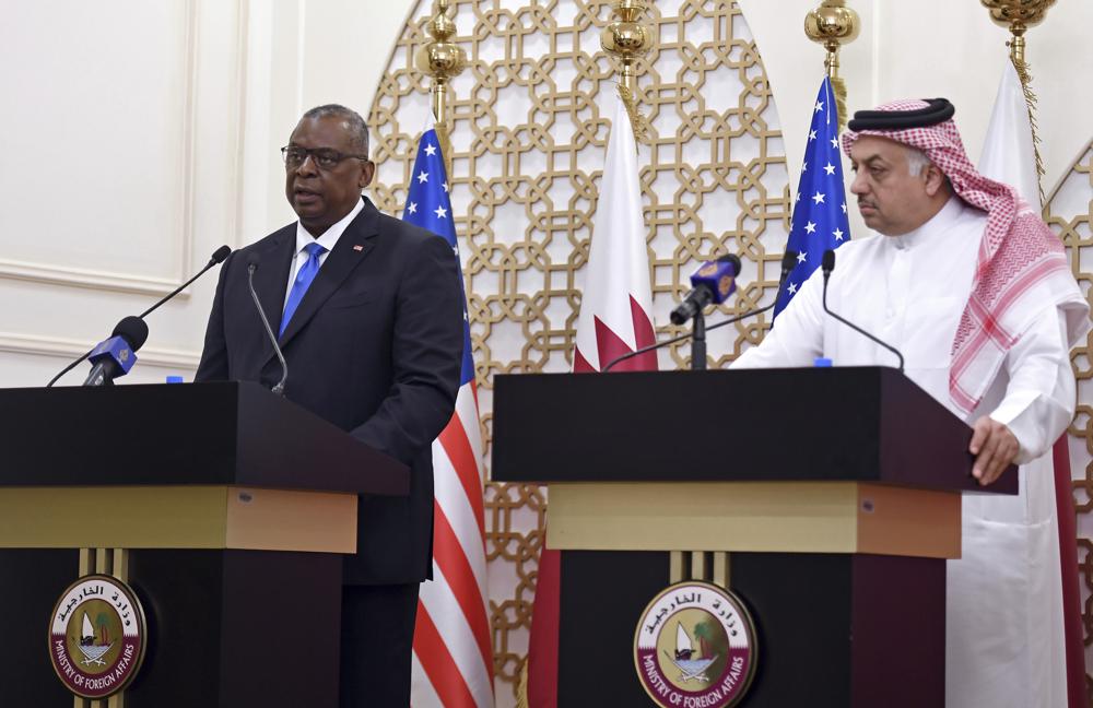 Lloyd Austin speaks during joint PC with Qatari Dy PM and Foreign Minister Mohd bin Abdulrahman al-Thani.&nbsp;