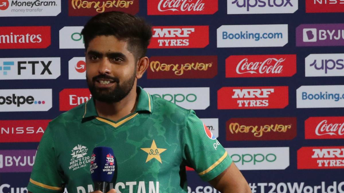 Pakistan's captain Babar Azam speaks after the presentation ceremony after winning the Cricket Twenty20 World Cup match against New Zealand in Sharjah, UAE, Tuesday, Oct. 26, 2021.&nbsp;