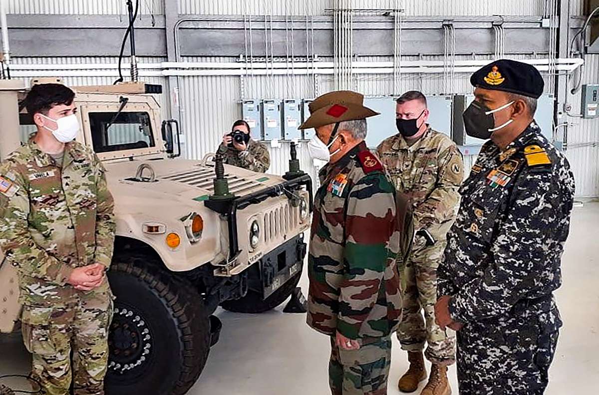 Washington: Chief of Defence Staff of India General Bipin Rawat with USA Army personnel during his visit to the Joint Base Lewis-McChord