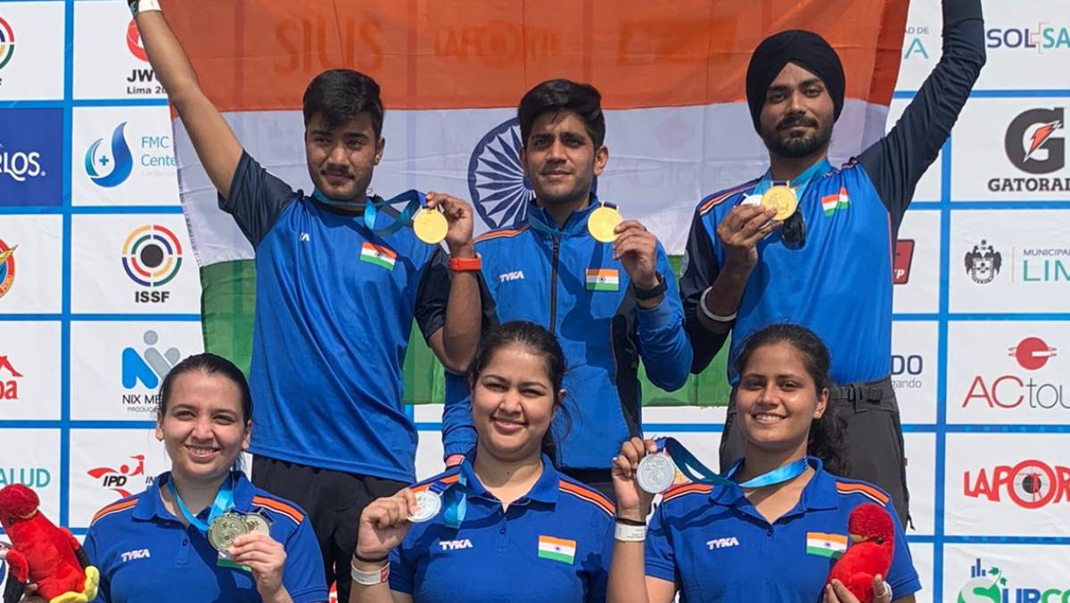Indian shooters pose for a photo after winning team gold medals during the ISSF Junior World Championship in Lima on Saturday.