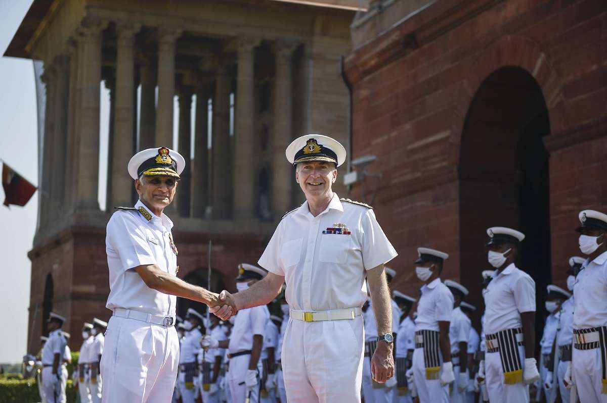 India's Chief of Naval Staff Admiral Karambir Singh with his United Kingdom counterpart Admiral Tony Radakin during a ceremonial reception at South Block in New Delhi