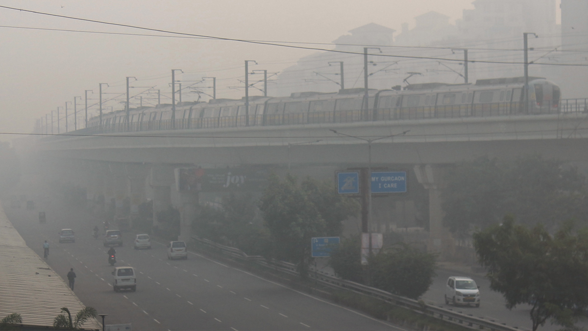 Low visibility due to a thick layer of smog in Gurugram.