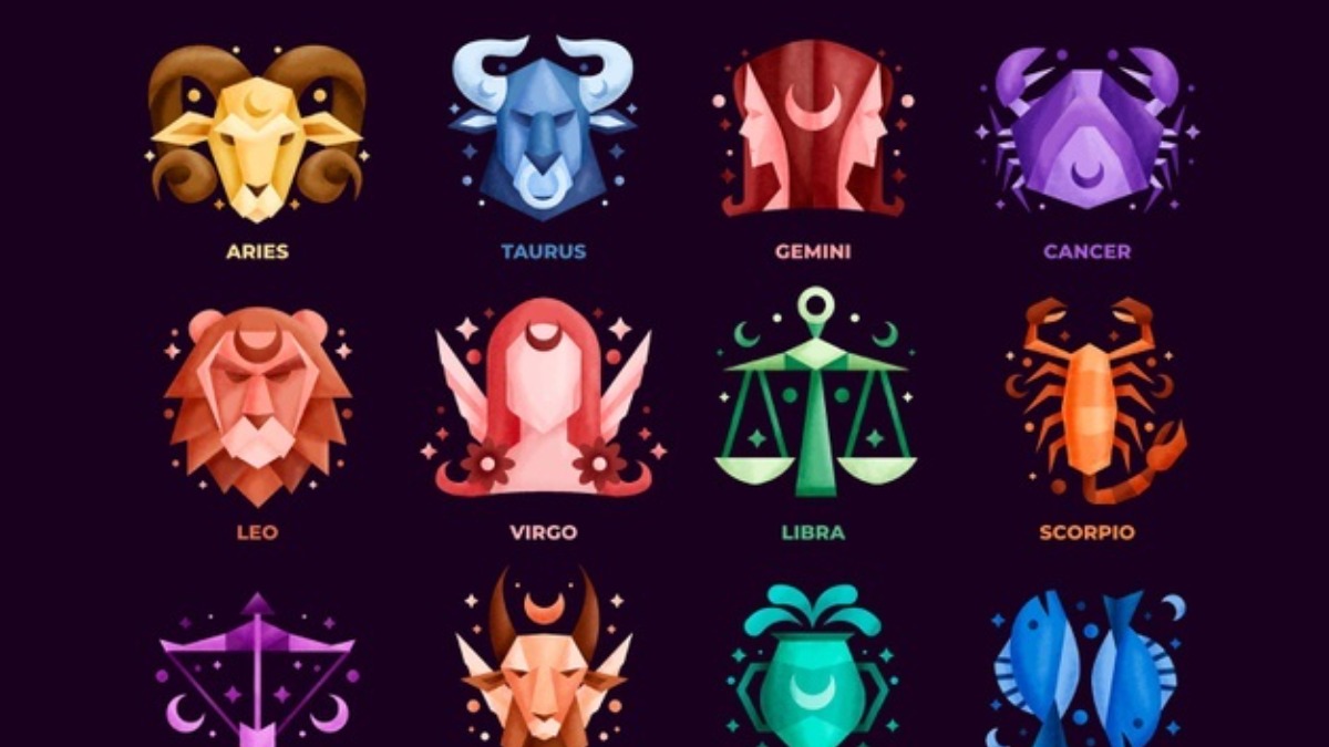  A colorful illustration of the twelve zodiac signs with the Aries symbol highlighted and the text '2024 Aries Zodiac Sign Predictions' next to it.