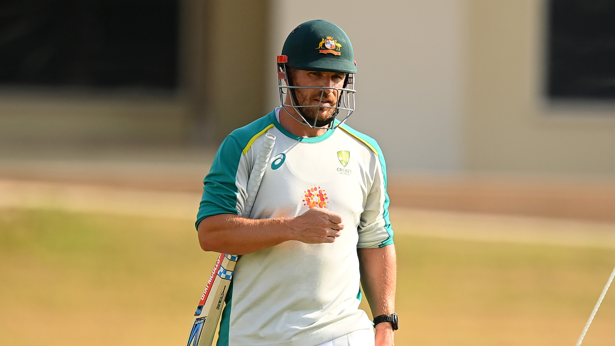 Aaron Finch of Australia looks on during a Australia Net Session ahead of the ICC Men's T20 World Cup final match between New Zealand and Australia at the ICC Academy on November 13, 2021 in Dubai, United Arab Emirates.