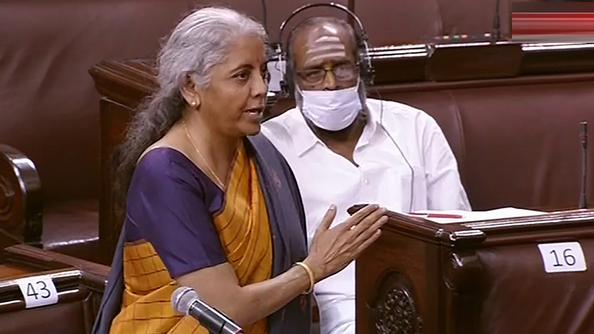 Union Finance Minister Nirmala Sitharaman speaks in the Rajya Sabha during the Winter Session