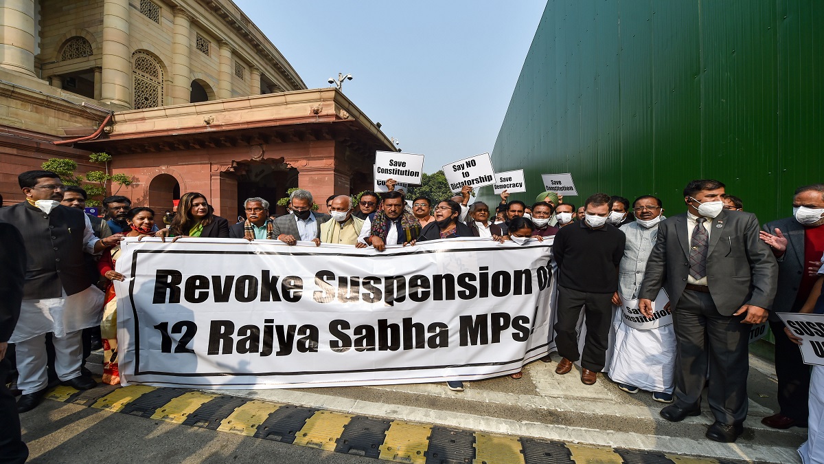 Suspension of 12 Rajya Sabha MPs: Rahul Gandhi leads Oppn's protest march, says 'not the way to run democracy'