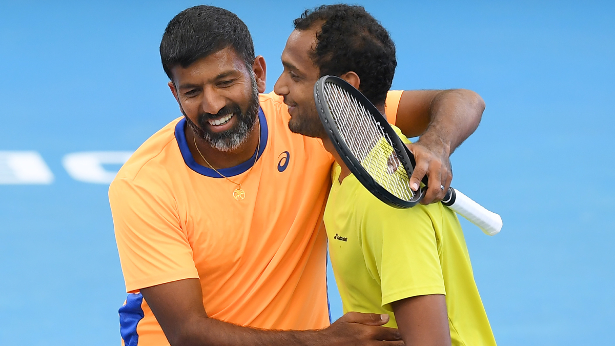 Rohan Bopanna and Ramkumar Ramanathan of India cerlebrate winning the Mens Doubles final during day eight of the 2022 Adelaide International&nbsp;at Memorial Drive