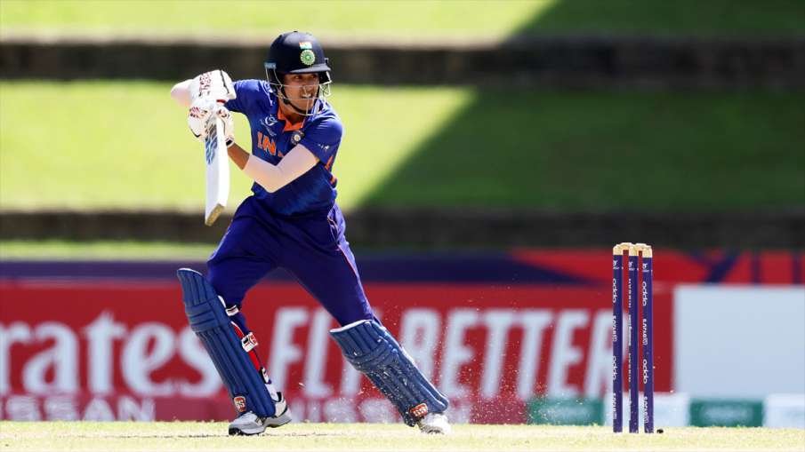 India U19 batter Raj Bawa hits a shot against Uganda in Trinidad during ICC U19 World Cup on Saturday.