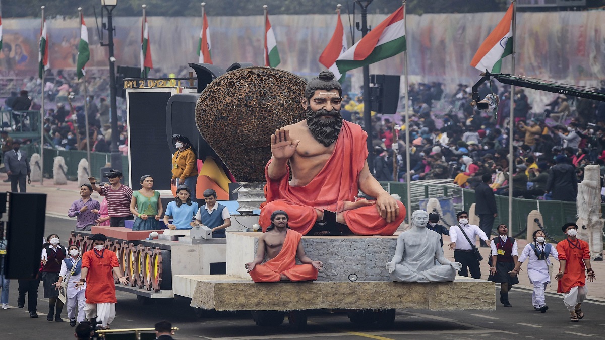 Education Ministry tableau on display during the full dress rehearsal of the Republic Day Parade 2022, at the Rajpath in New Delhi. Republic day 2022, republic day, netaji subhash Chandra bose, CPWD tableau, republic day,26 january,