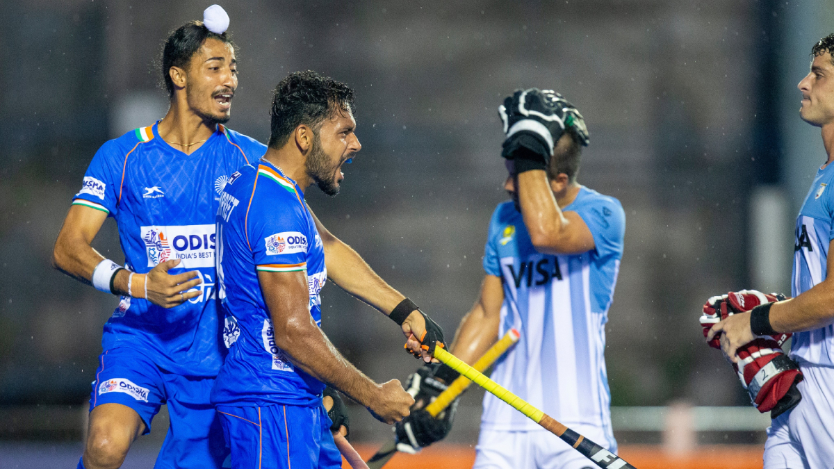 Indian men hockey team players celebrate after scoring a goal during a match (File Photo)&nbsp;