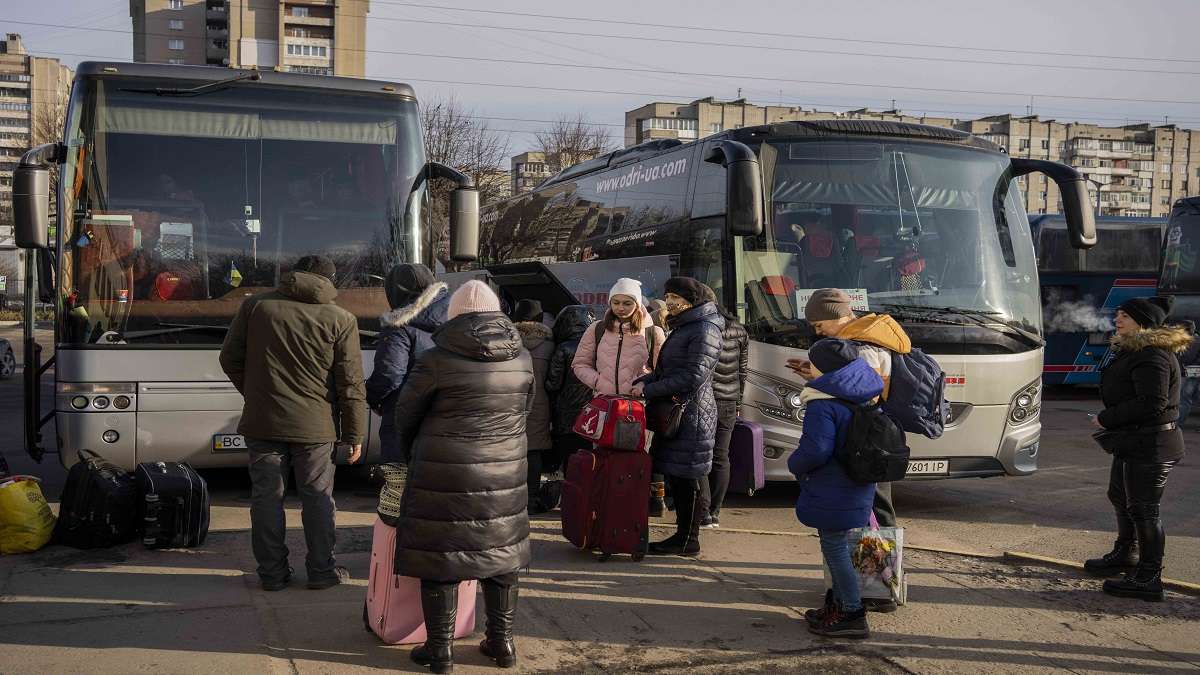 Lviv: Ukrainian prepare to board a bus to Poland at Lviv bus main station, western Ukraine, Tuesday, March 1, 2022.&nbsp;