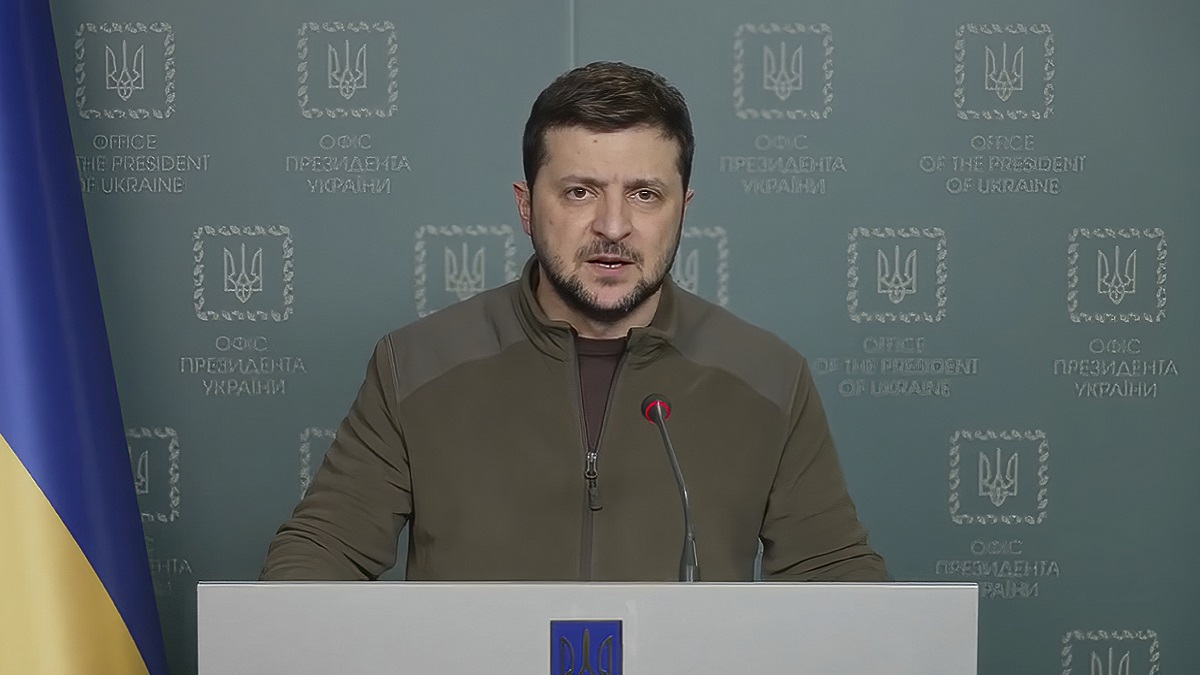 In this image from video provided by the Ukrainian Presidential Press Office, Ukrainian President Volodymyr Zelenskyy speaks from Kyiv