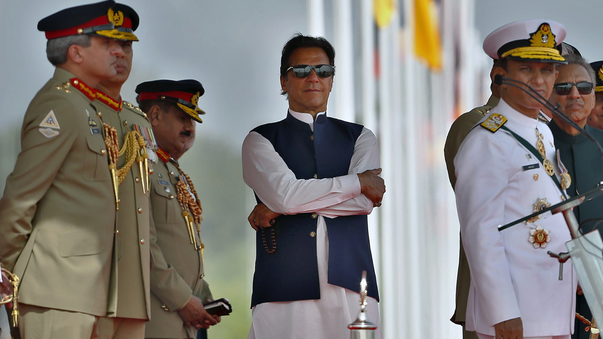 Pakistan's Prime Minister Imran Khan attends a military parade to mark Pakistan National Day in Islamabad, Pakistan, Wednesday, March 23, 2022.