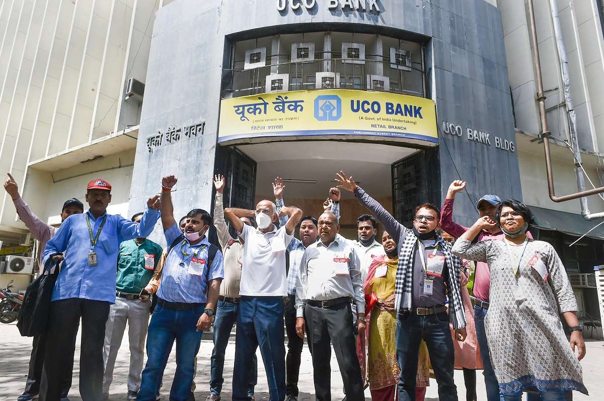 New Delhi: Employees of the UCO Bank raise slogans in protest during Bharat Bandh