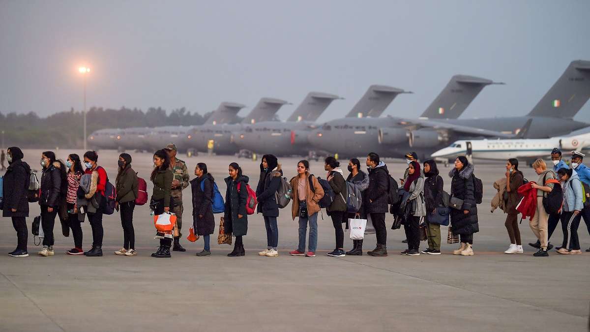 Indian nationals evacuated from war-torn Ukraine arrive at the Air Force Station, Hindan in Ghaziabad.&nbsp;