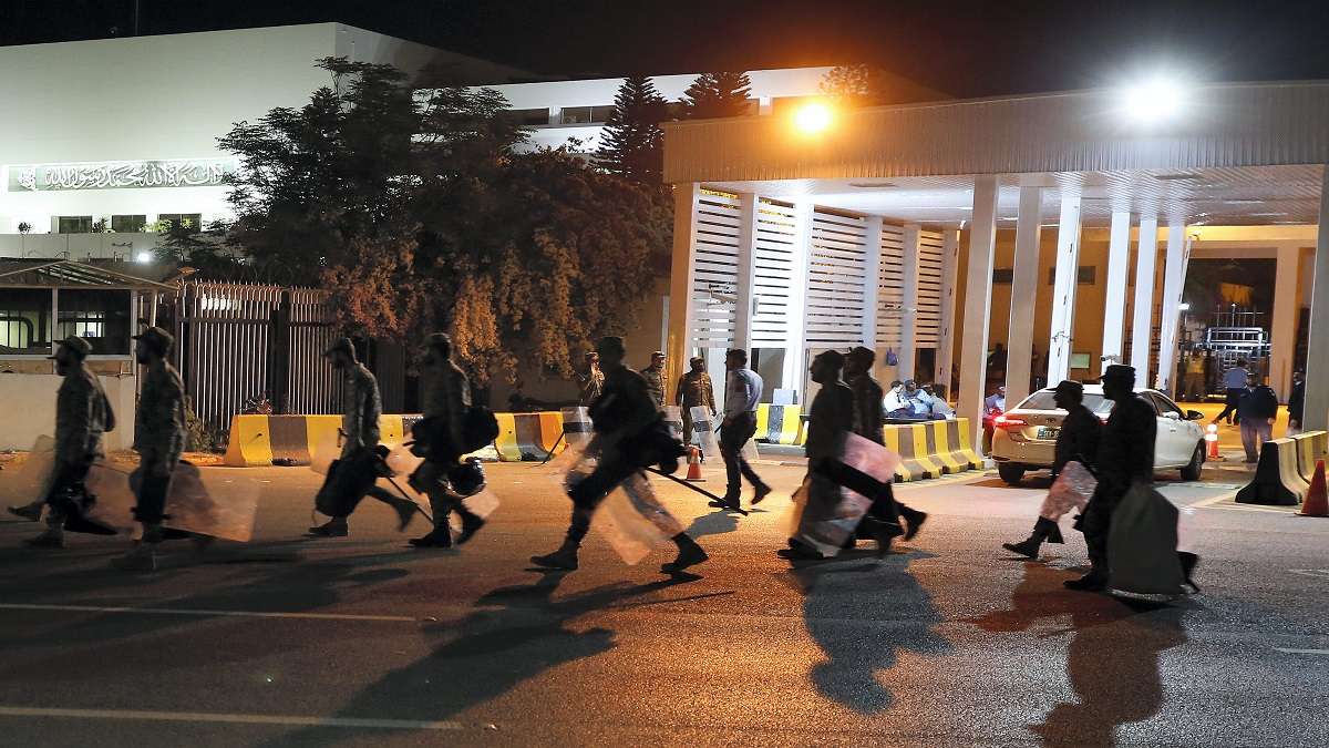 Pakistan's paramilitary troops arrive to take position outside the National Assembly, in Islamabad, Pakistan.&nbsp;