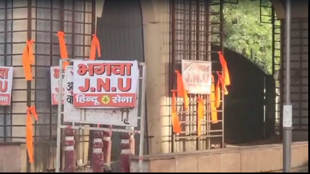 Video | Saffronisation of JNU? Hindu Sena puts up saffron flags outside campus, cops remove it