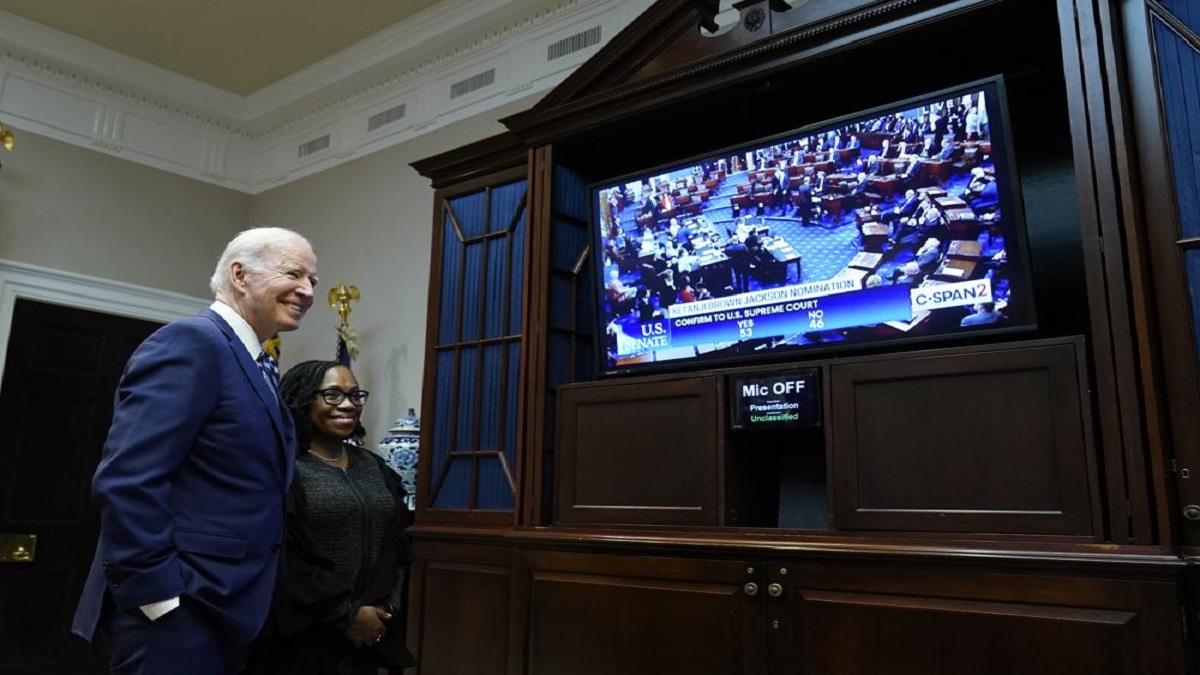 President Joe Biden and Supreme Court nominee Judge Ketanji Brown Jackson watch as the Senate votes on her confirmation from the Roosevelt Room of the White House in Washington, Thursday, April 7, 2022.&nbsp;